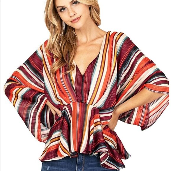A. Calin Flying Tomato Kimono Striped Blouse Boho Chic Top - Medium - Picture 1 of 5